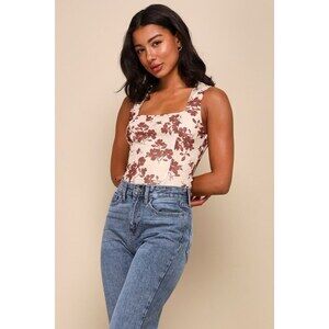 Lulus Chicly Elevated Beige Floral Print Mesh Sleeveless Bodysuit - Size M